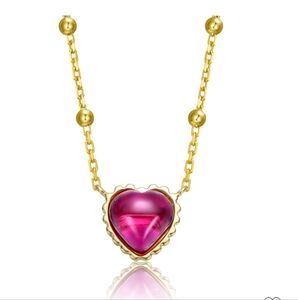New! Sterling Silver 14K Gold Plated Ruby Red Cubic Zirconia Heart Necklace